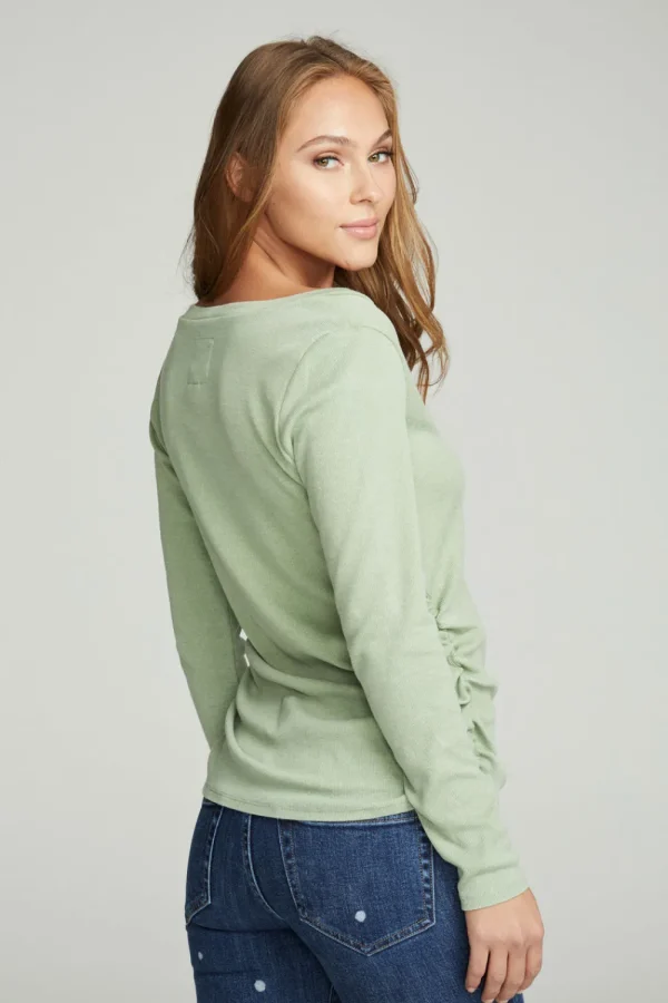 New Long Sleeve Split Neck Rouched Side Tee Women Tops