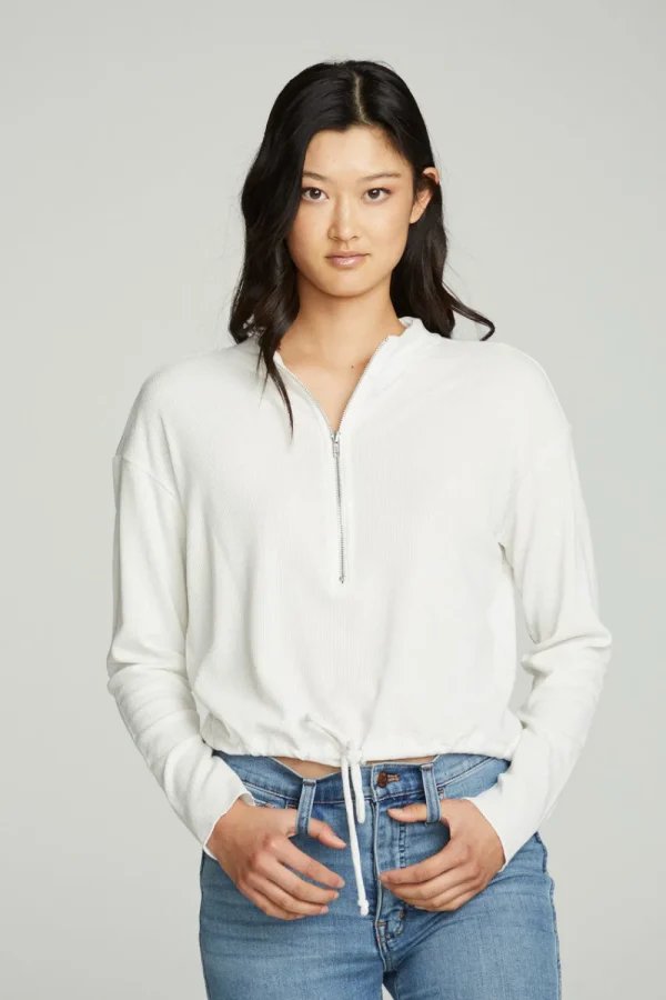 Outlet Long Sleeve Zipper Mock Neck Semi Cropped Tee Women Tops