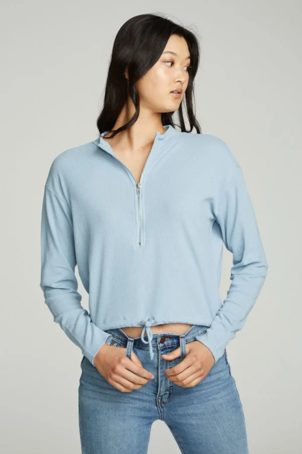 Cheap Long Sleeve Zipper Mock Neck Semi Cropped Tee Women Tops