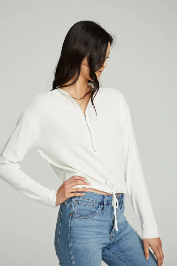 Outlet Long Sleeve Zipper Mock Neck Semi Cropped Tee Women Tops