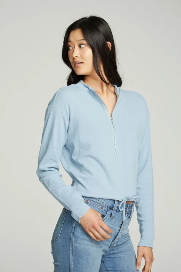 Cheap Long Sleeve Zipper Mock Neck Semi Cropped Tee Women Tops