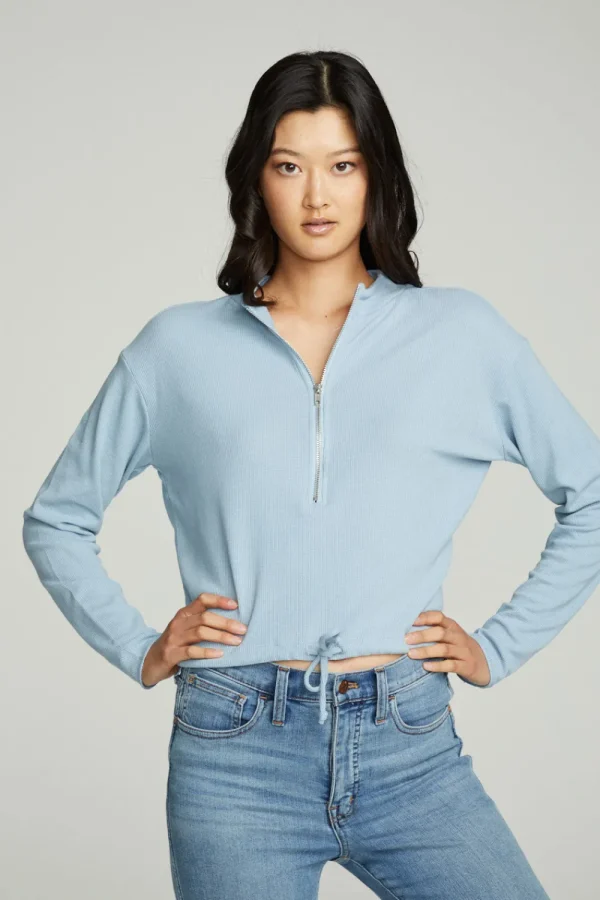 Cheap Long Sleeve Zipper Mock Neck Semi Cropped Tee Women Tops