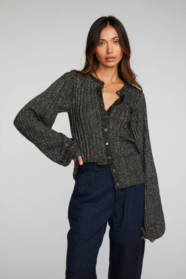 Fashion Lurex Rib Knit Long Sleeve Tunic Women Tops