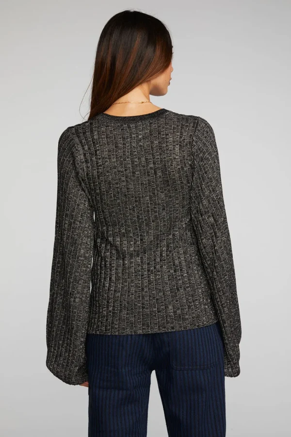 Fashion Lurex Rib Knit Long Sleeve Tunic Women Tops