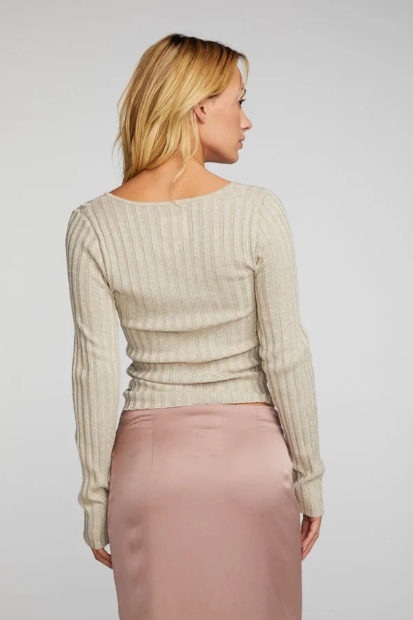 Discount Lurex Rib Knit Long Sleeve Top With Open Keyhole Women Tops