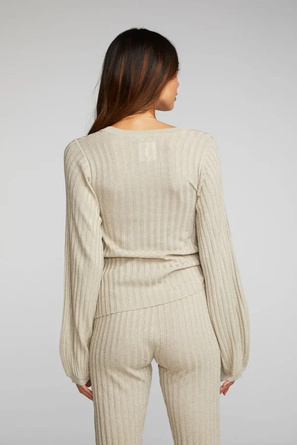 Hot Lurex Rib Knit Long Sleeve Tunic Women Tops