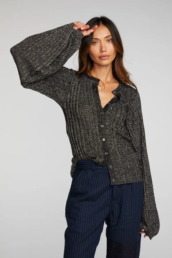 Fashion Lurex Rib Knit Long Sleeve Tunic Women Tops