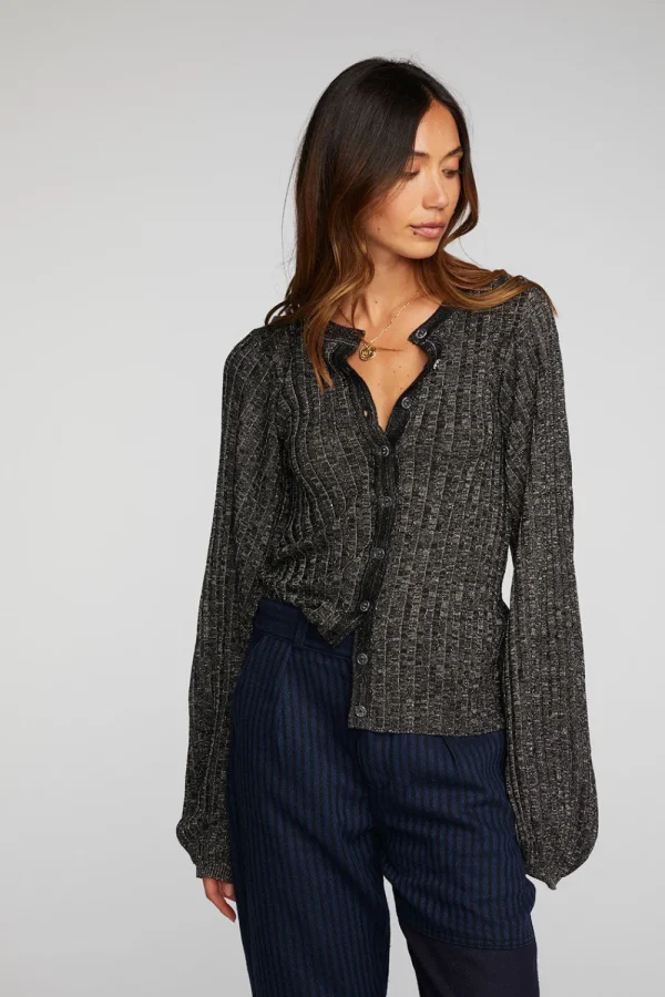 Fashion Lurex Rib Knit Long Sleeve Tunic Women Tops
