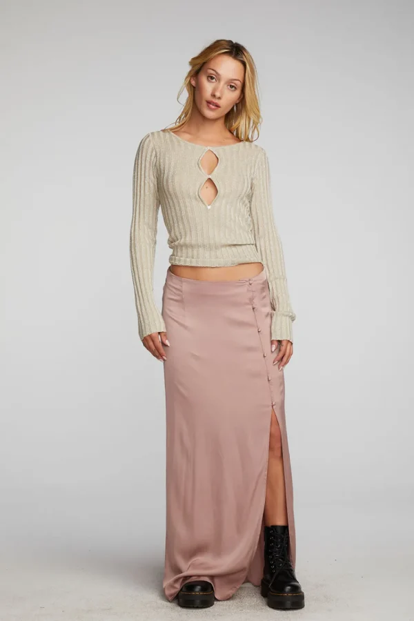 Discount Lurex Rib Knit Long Sleeve Top With Open Keyhole Women Tops