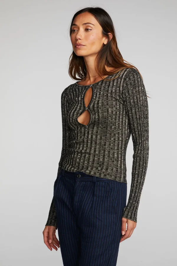 Fashion Lurex Rib Knit Long Sleeve Top With Open Keyhole Women Tops