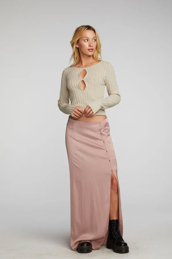 Discount Lurex Rib Knit Long Sleeve Top With Open Keyhole Women Tops