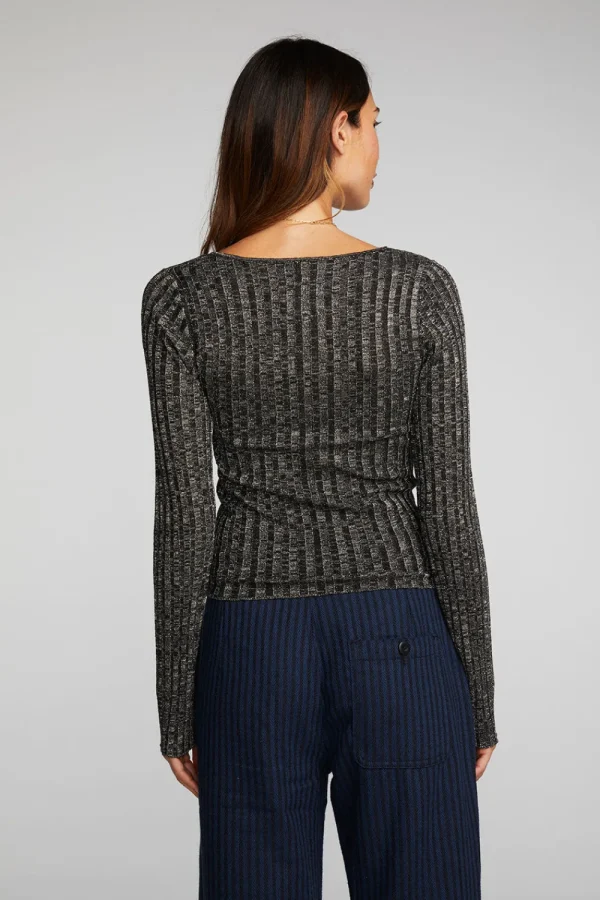 Fashion Lurex Rib Knit Long Sleeve Top With Open Keyhole Women Tops