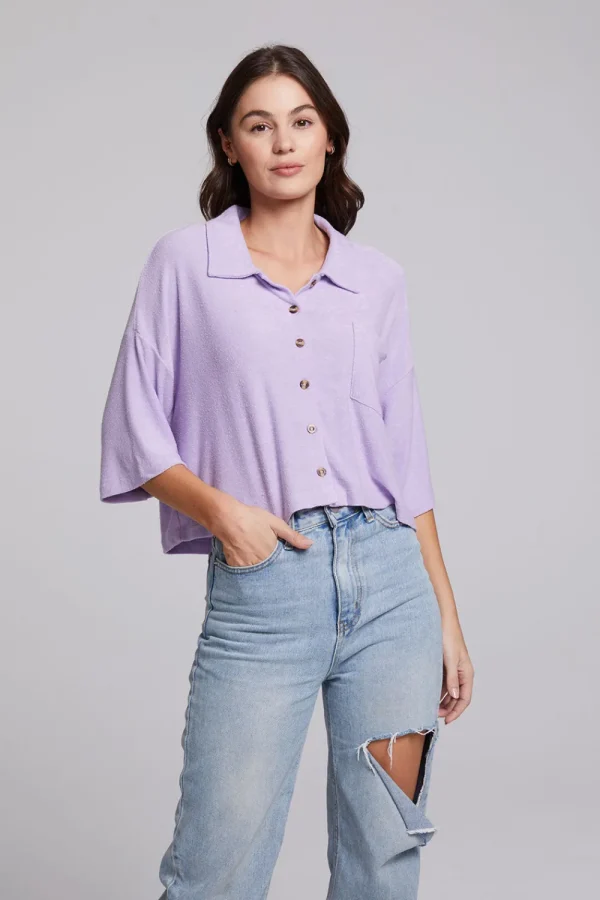 Hot Marine Crop Button Down - Digital Lavender Women Loungewear | Tops