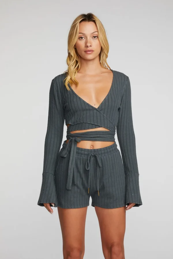Clearance Poor Boy Rib Long Sleeve Wrap Top Women Tops