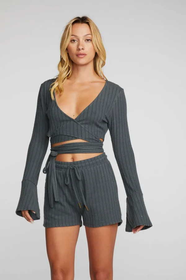 Clearance Poor Boy Rib Long Sleeve Wrap Top Women Tops