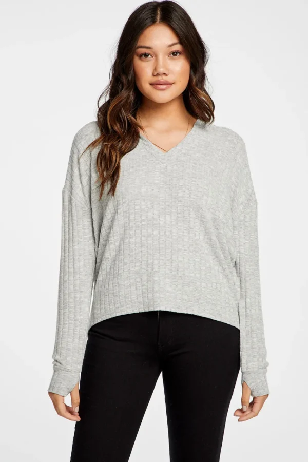 Fashion Poor Boy Rib V Neck Thumbhole Pullover Hoodie Women Outerwear | Tops