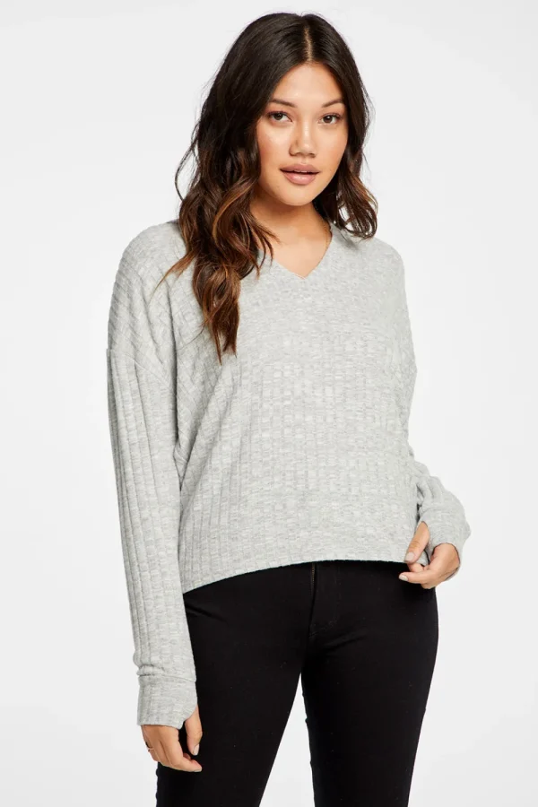 Fashion Poor Boy Rib V Neck Thumbhole Pullover Hoodie Women Outerwear | Tops