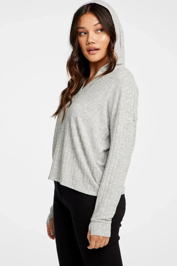 Fashion Poor Boy Rib V Neck Thumbhole Pullover Hoodie Women Outerwear | Tops