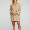 Fashion Poor Boy Rib V-neck Tunic With Button Side Seam Women Tops