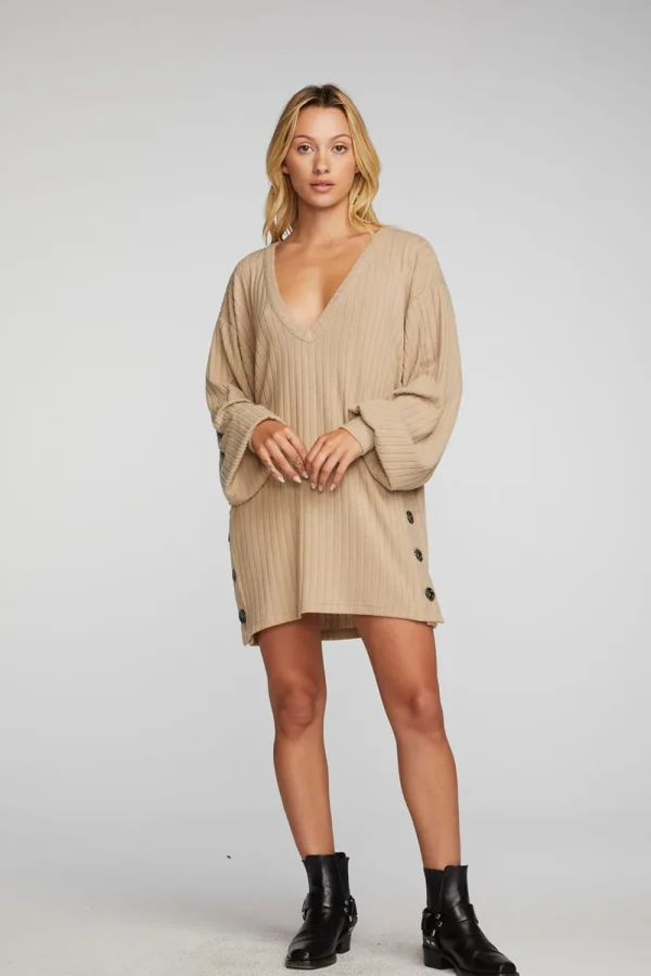 Fashion Poor Boy Rib V-neck Tunic With Button Side Seam Women Tops