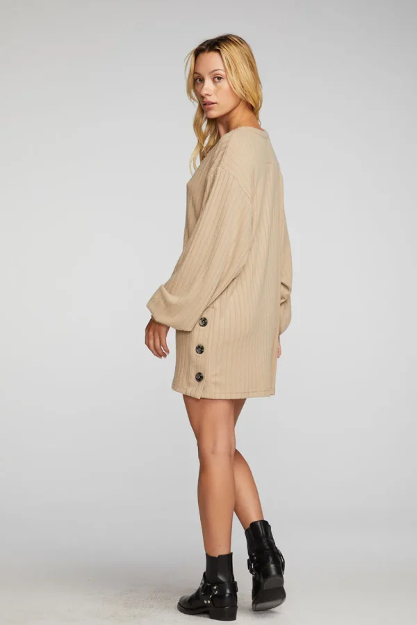 Fashion Poor Boy Rib V-neck Tunic With Button Side Seam Women Tops