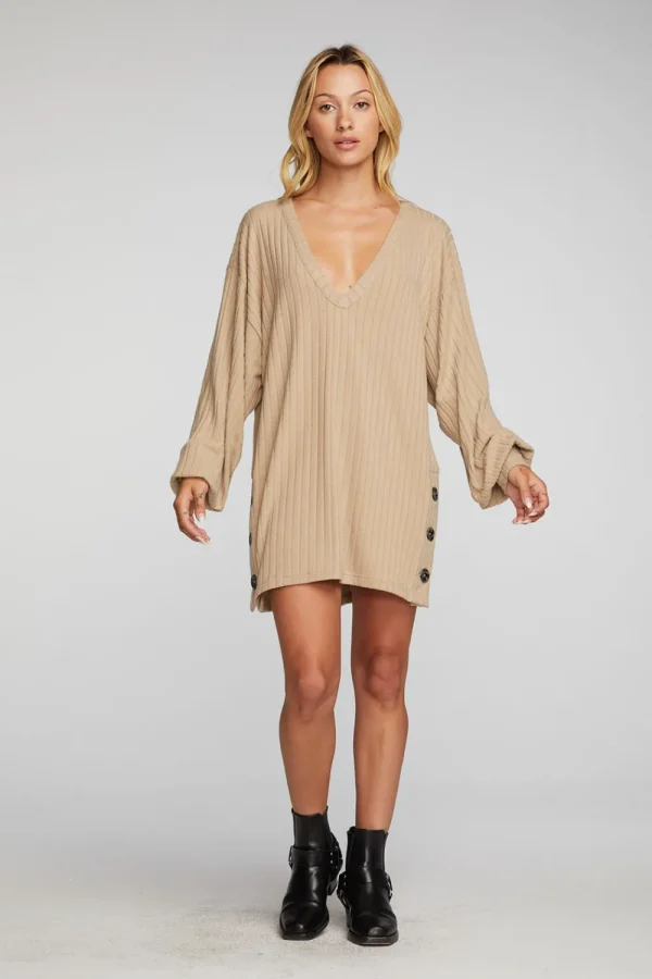 Fashion Poor Boy Rib V-neck Tunic With Button Side Seam Women Tops