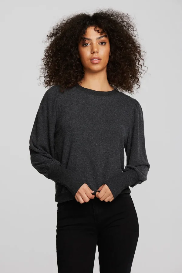 Store Recycled Bliss Knit Crewneck Pullover With Rib And Puff Sleeve Women Tops