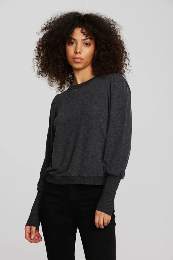 Store Recycled Bliss Knit Crewneck Pullover With Rib And Puff Sleeve Women Tops