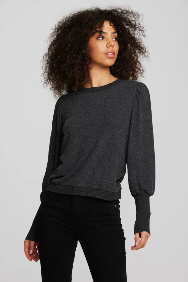 Store Recycled Bliss Knit Crewneck Pullover With Rib And Puff Sleeve Women Tops