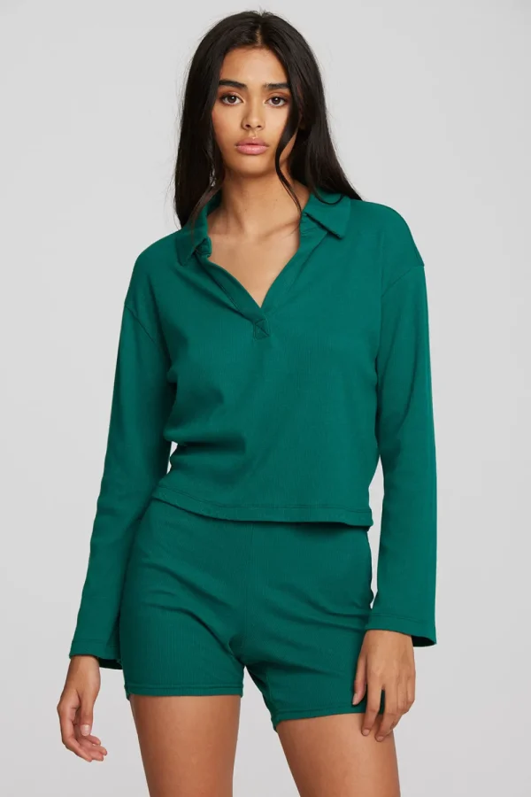Flash Sale Recycled Vintage Rib Cropped Polo With Distressed Detail Long Sleeve Women Tops