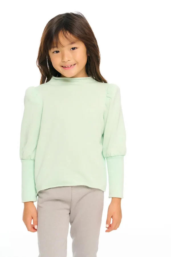 Outlet Semi Cropped Hi Lo Mock Neck Puff Sleeve Pullover Kids Girls