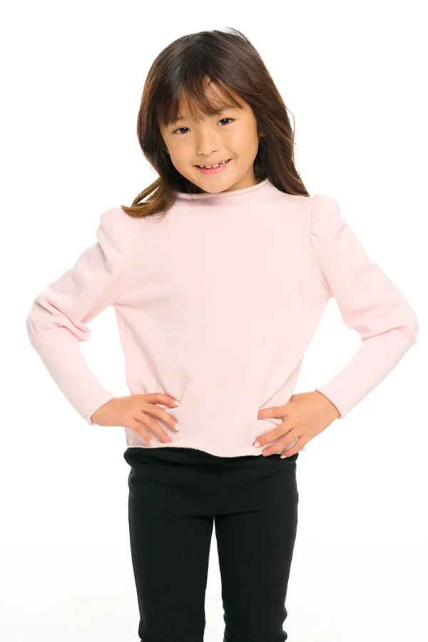 Cheap Semi Cropped Hi Lo Mock Neck Puff Sleeve Pullover Kids Girls