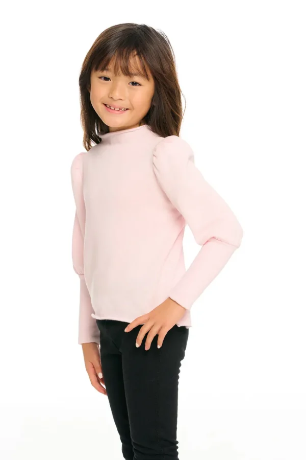 Cheap Semi Cropped Hi Lo Mock Neck Puff Sleeve Pullover Kids Girls