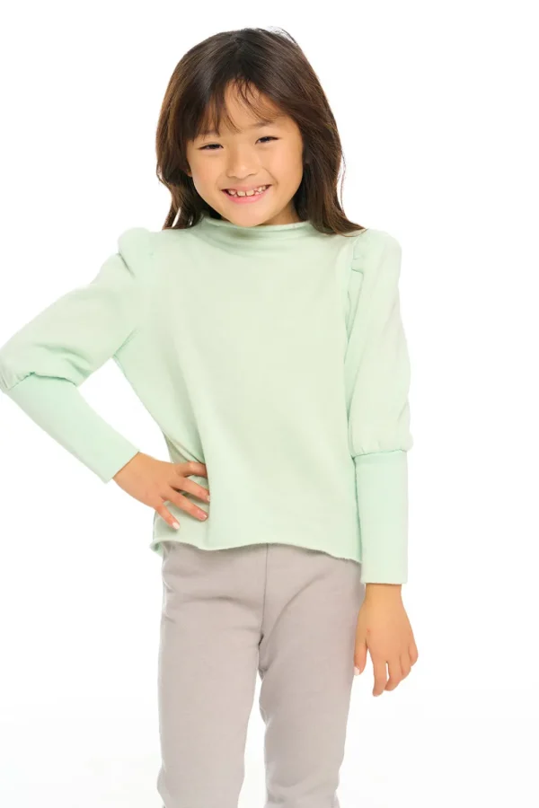 Outlet Semi Cropped Hi Lo Mock Neck Puff Sleeve Pullover Kids Girls