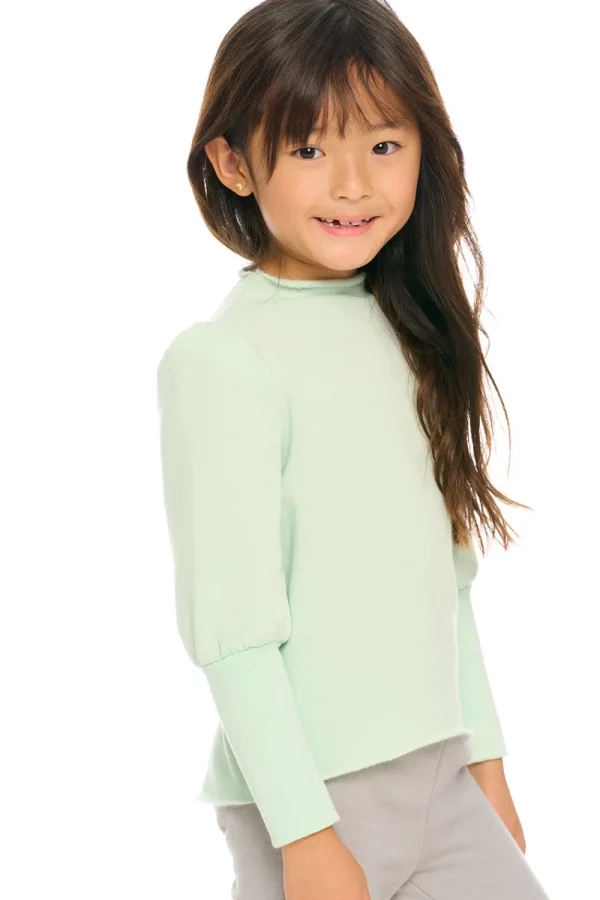 Outlet Semi Cropped Hi Lo Mock Neck Puff Sleeve Pullover Kids Girls