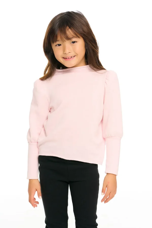 Cheap Semi Cropped Hi Lo Mock Neck Puff Sleeve Pullover Kids Girls