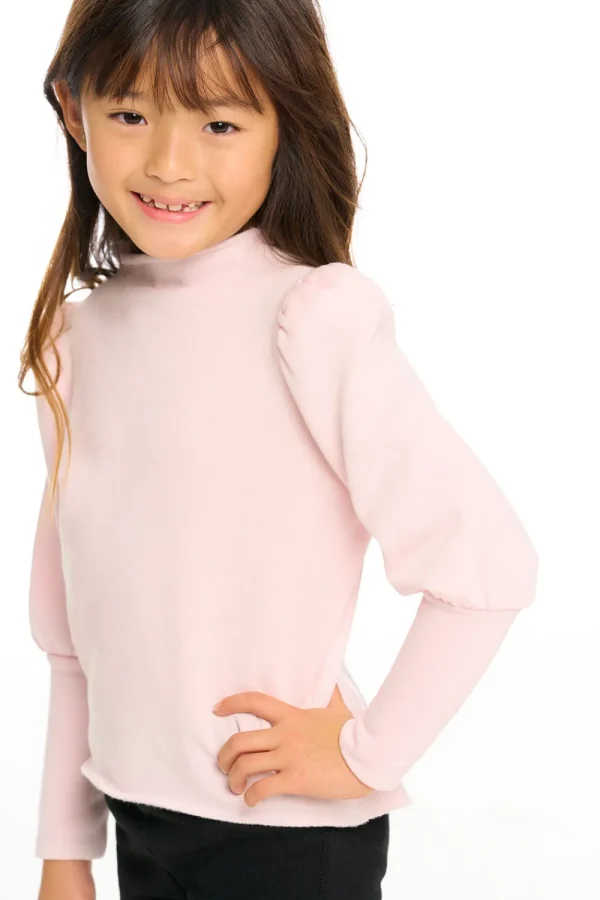 Cheap Semi Cropped Hi Lo Mock Neck Puff Sleeve Pullover Kids Girls