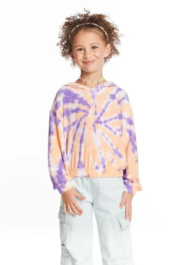 Cheap Semi Cropped Peach Lavender Girls Shirred Hoodie Pullover Kids Girls