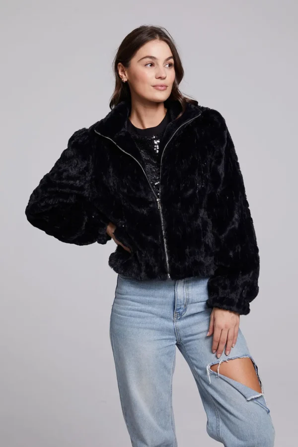 Cheap Sequin Faux Fur Puff Sleeve Jacket Women Outerwear | Loungewear