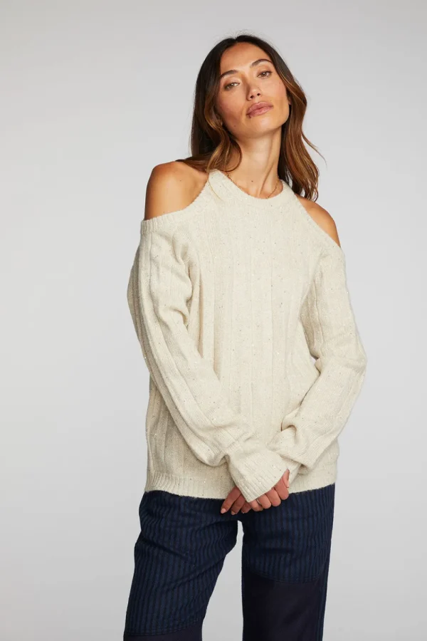 Hot Sequin Knit Cold Shoulder Sweater Women Outerwear | Loungewear
