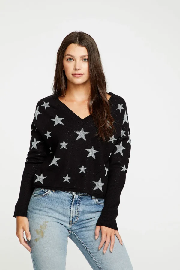 Fashion Star Intarsia V-Neck Raglan Pullover Women Outerwear