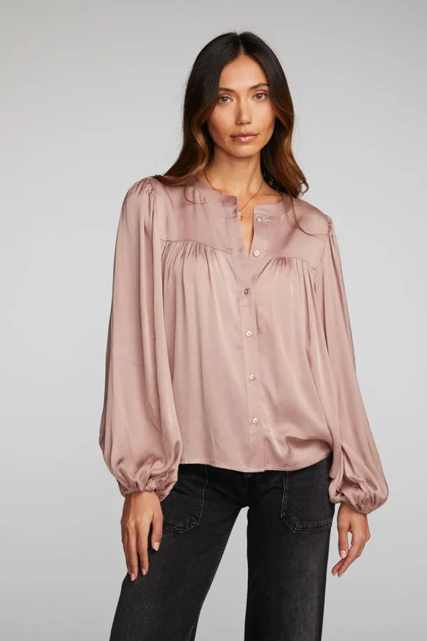 Fashion Stretch Silky Woven Button Down Women Loungewear | Tops