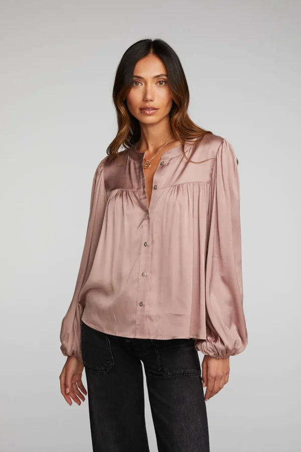 Fashion Stretch Silky Woven Button Down Women Loungewear | Tops