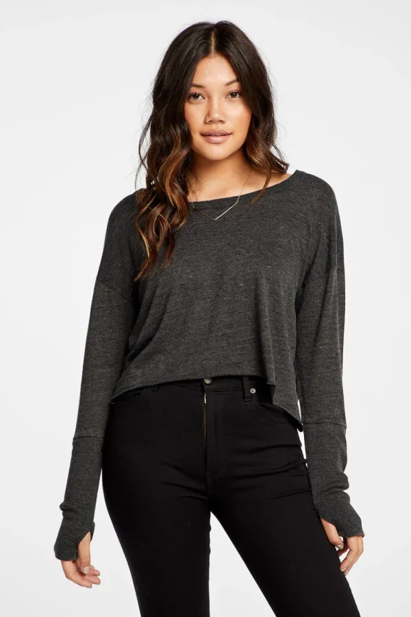 Shop Triblend Jersey Cropped Open Neck Long Sleeve Thumbhole Tee Women Tops