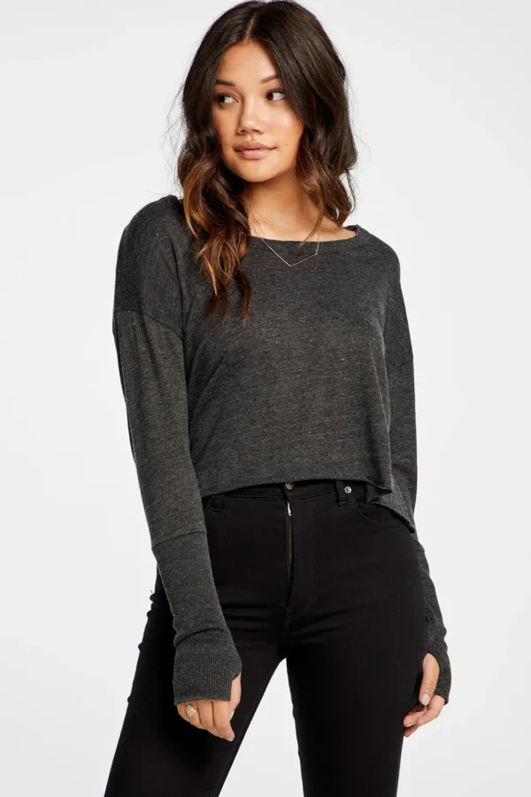 Shop Triblend Jersey Cropped Open Neck Long Sleeve Thumbhole Tee Women Tops