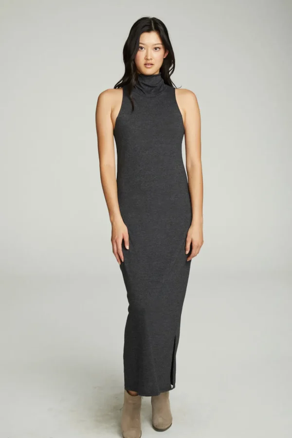 Fashion Turtle Neck Tank Maxi Dress With Side Slits Women Dresses