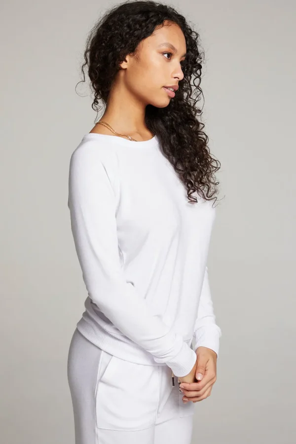 Cheap White Long Sleeve Raglan Pullover Women Loungewear | Tops