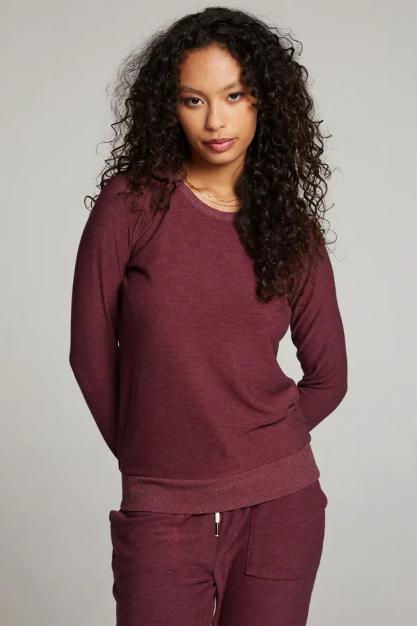 Best Sale Wine Red Long Sleeve Raglan Pullover Women Loungewear | Tops