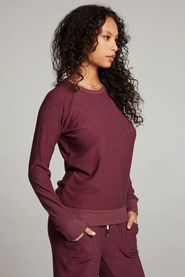 Best Sale Wine Red Long Sleeve Raglan Pullover Women Loungewear | Tops