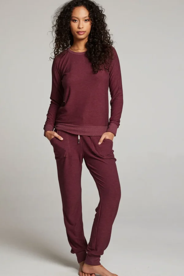Best Sale Wine Red Long Sleeve Raglan Pullover Women Loungewear | Tops